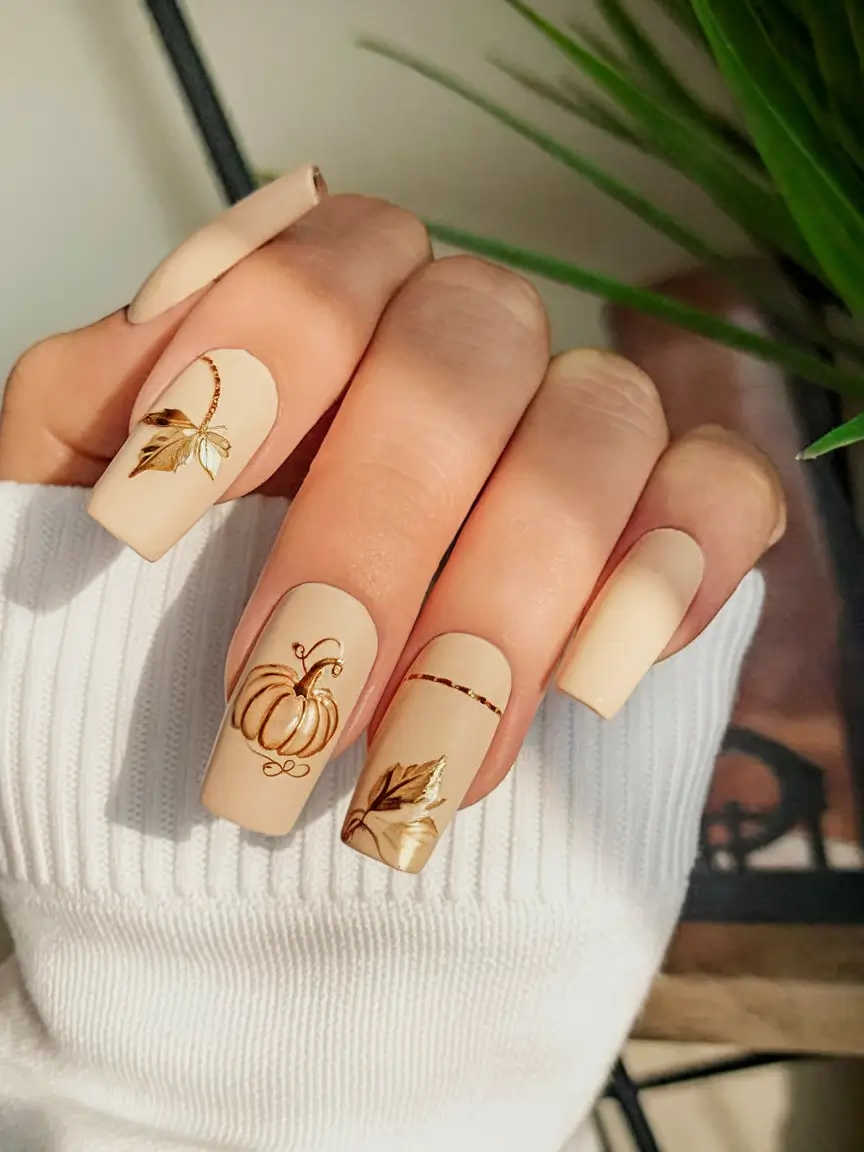 fall nails art ideas Golden Pumpkin Elegance