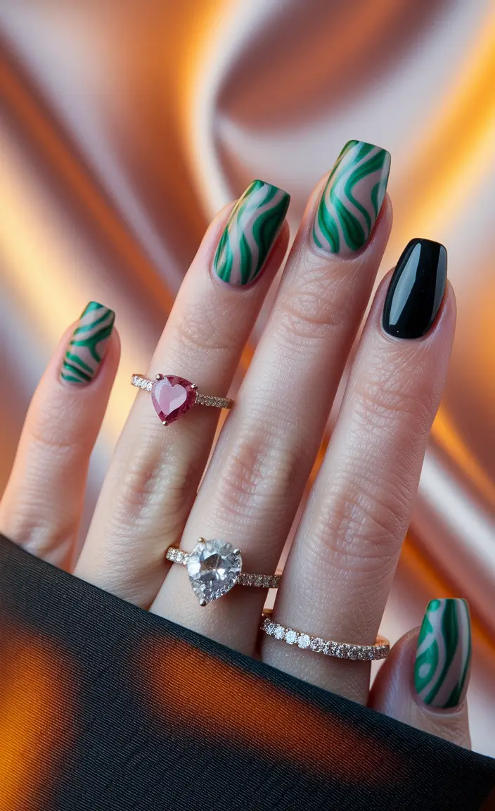 fall nails art ideas Emerald Swirl with Noir Accent