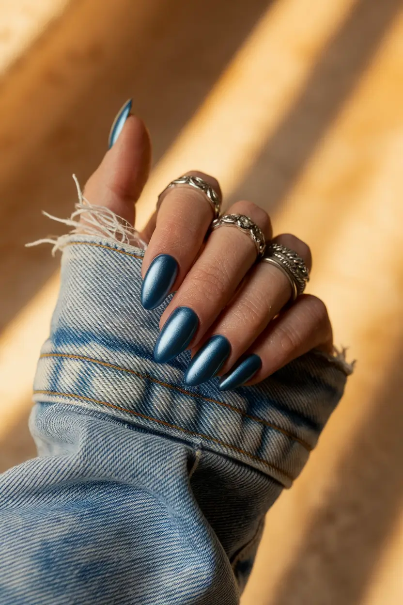 fall nails oval shape Midnight Metallic Elegance