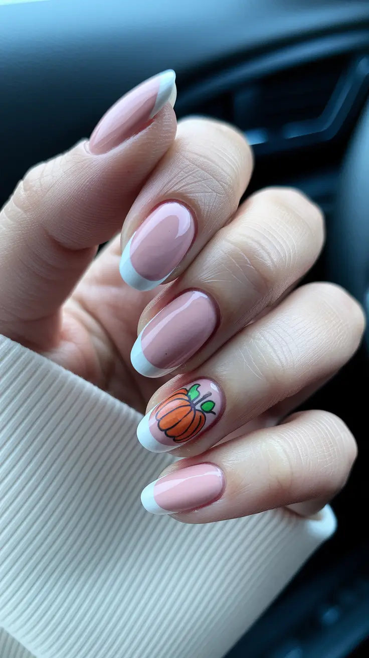 fall nails oval shape Harvest French with Pumpkin Accent
