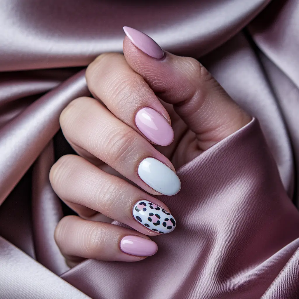 fall nails oval shape Pink & Leopard Accent