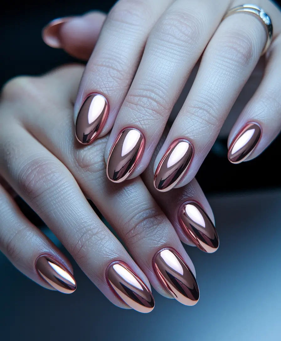fall nails oval shape Molten Rose Chrome Glow