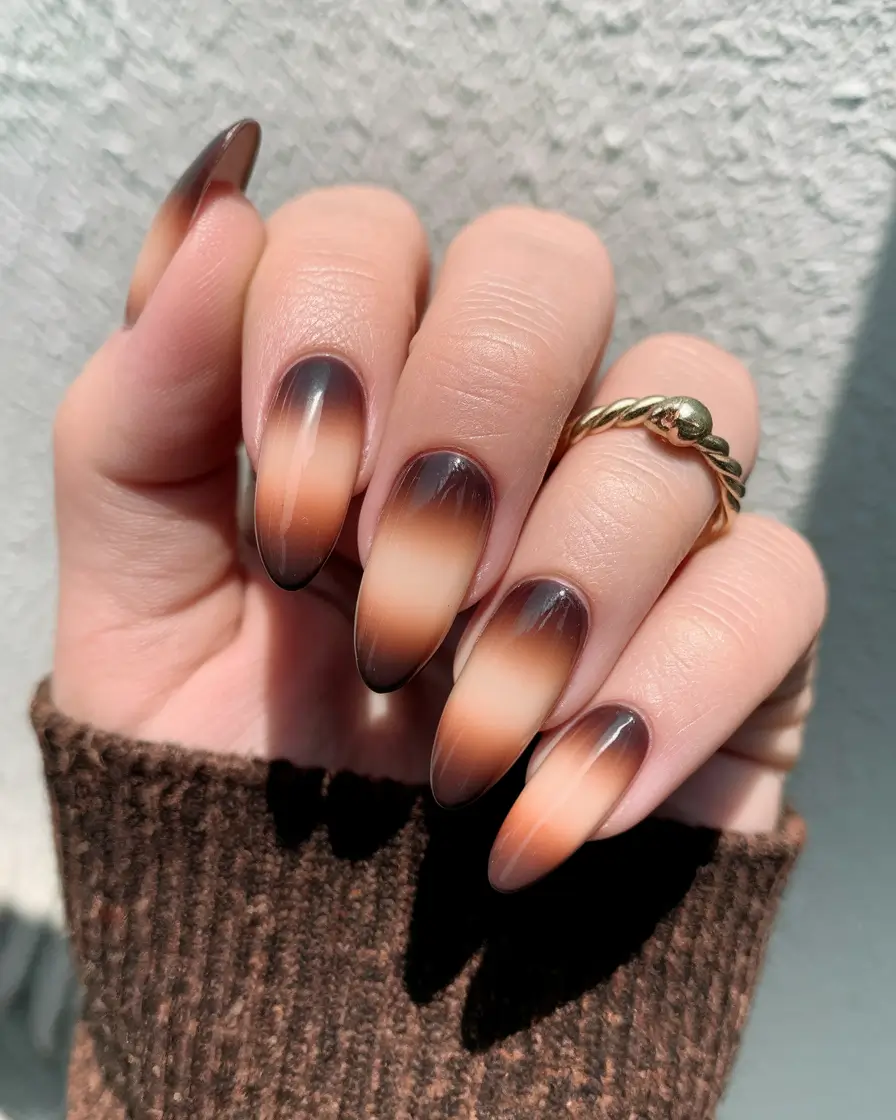fall nails oval shape Caramel Fade Ombre
