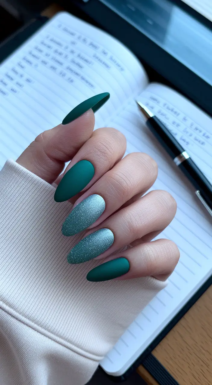 fall nails oval shape Emerald Frost Matte Mix