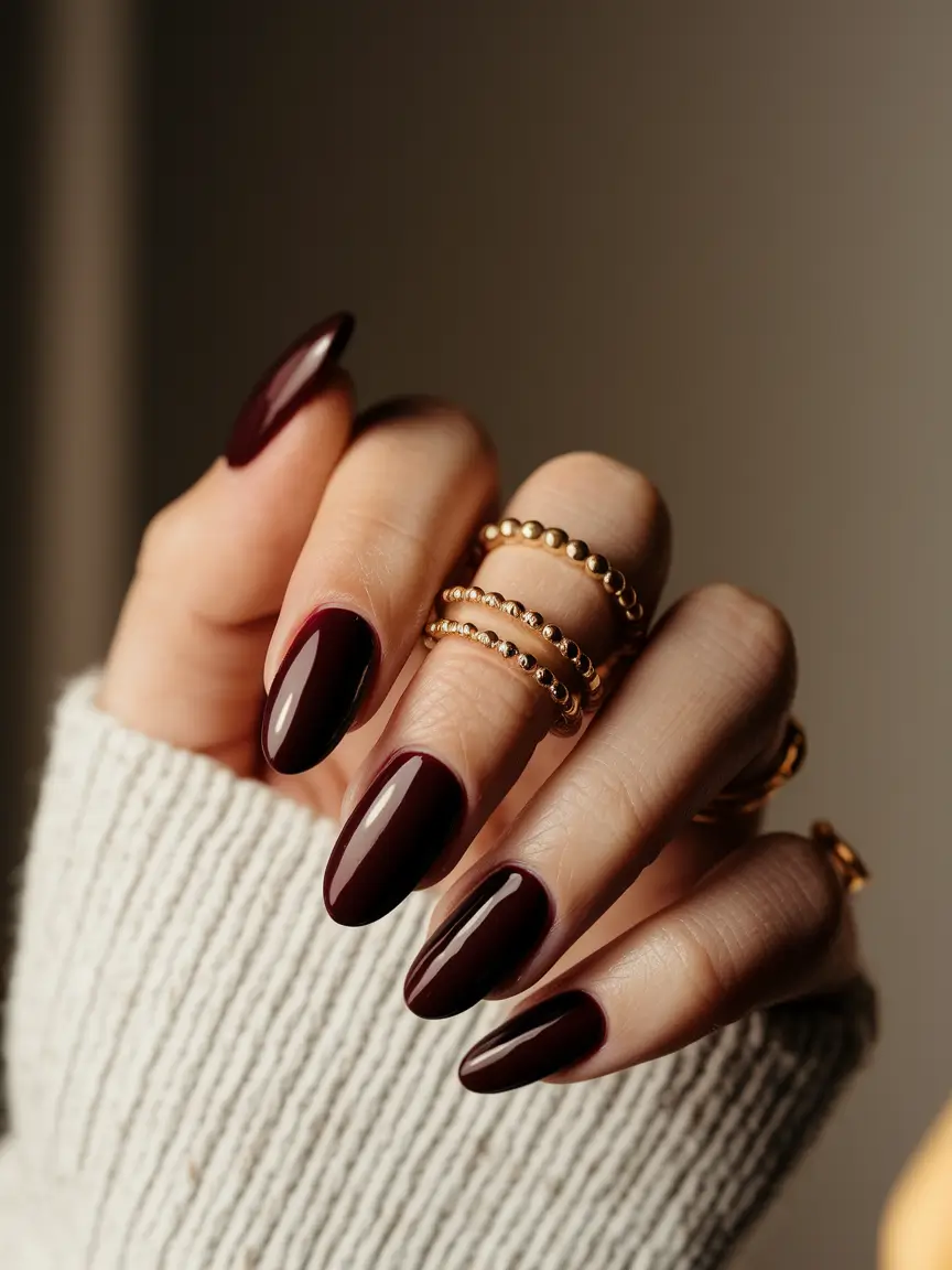 fall nails oval shape Deep Cabernet Luxe