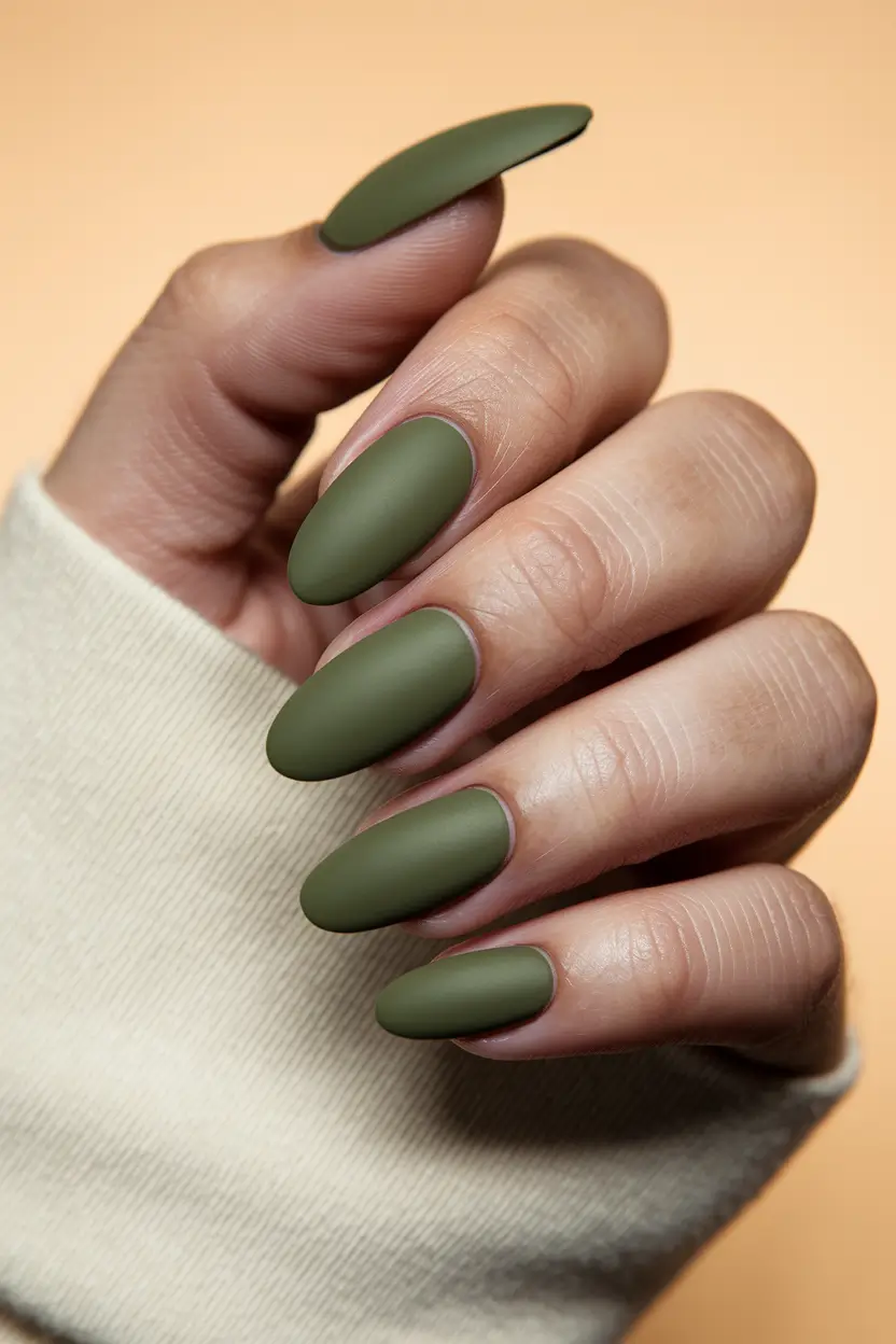 fall nails oval shape Matte Olive Minimalism