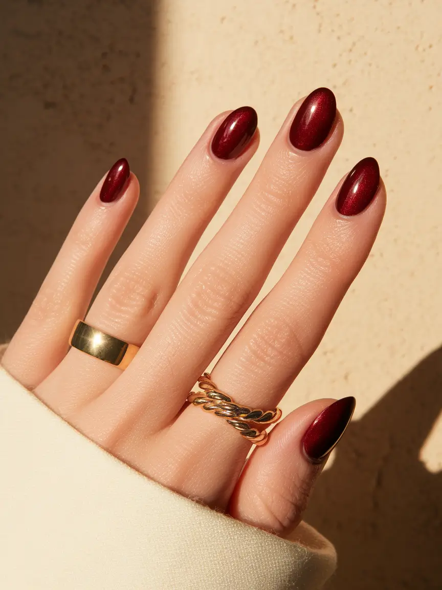 fall nails oval shape Garnet Glow