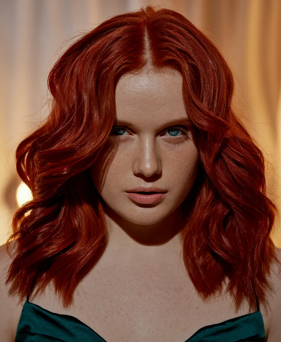 fall red hair color mid-length auburn glow with vintage bounce