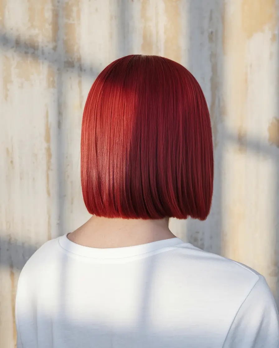 fall red hair color precision cut sleek scarlet bob