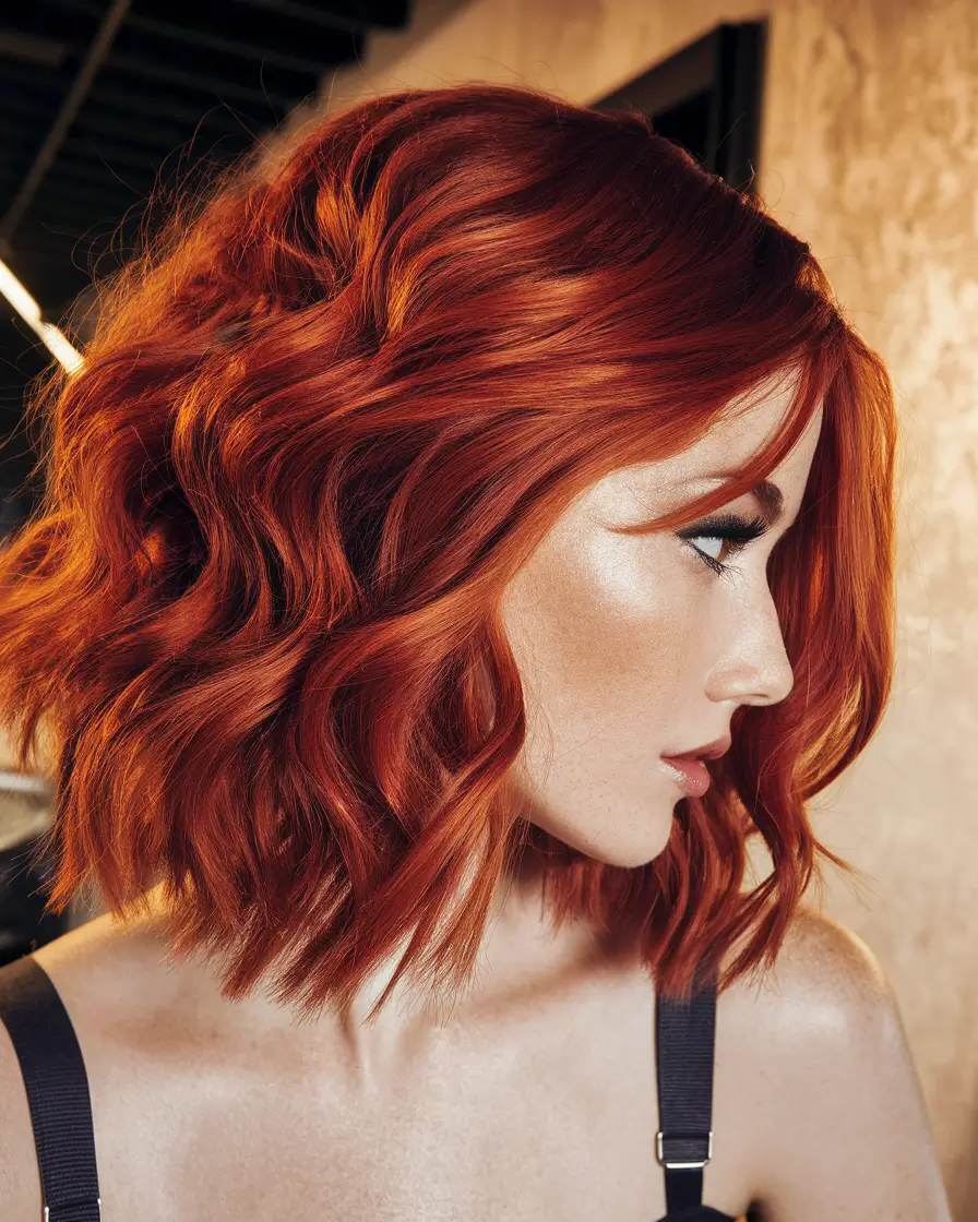 fall red hair color textured bob in fire-copper flame