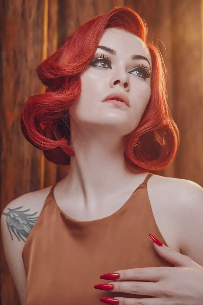 fall red hair color copper bombshell flip with retro glam