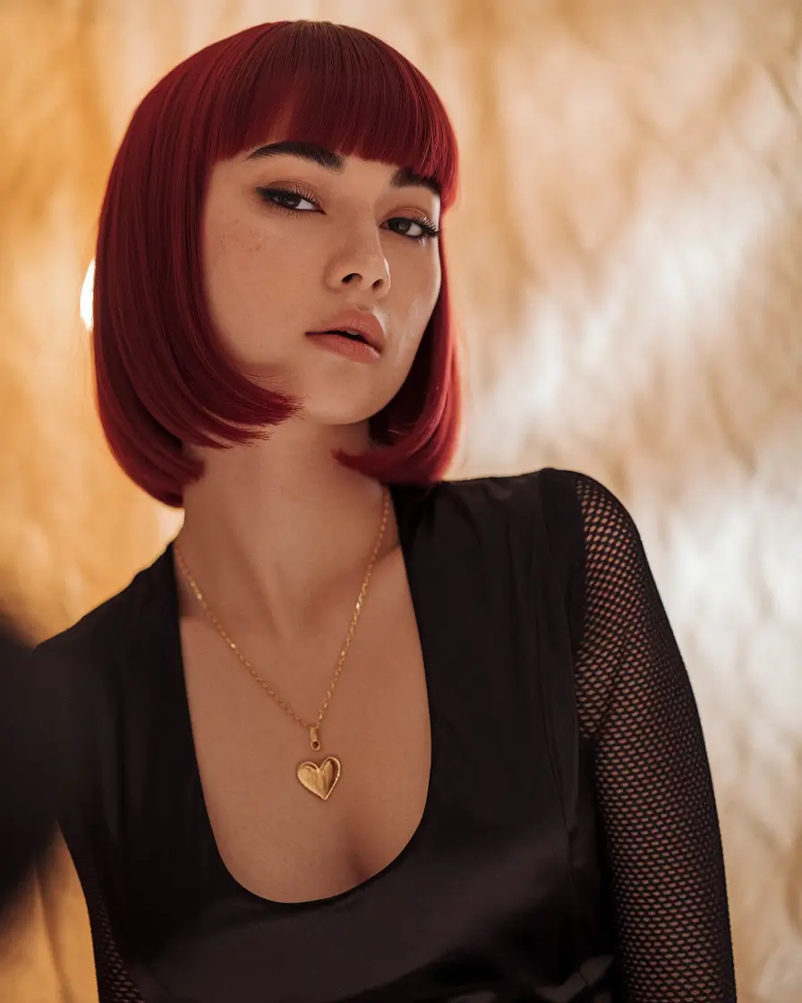 fall red hair color blunt precision bob with mahogany richness