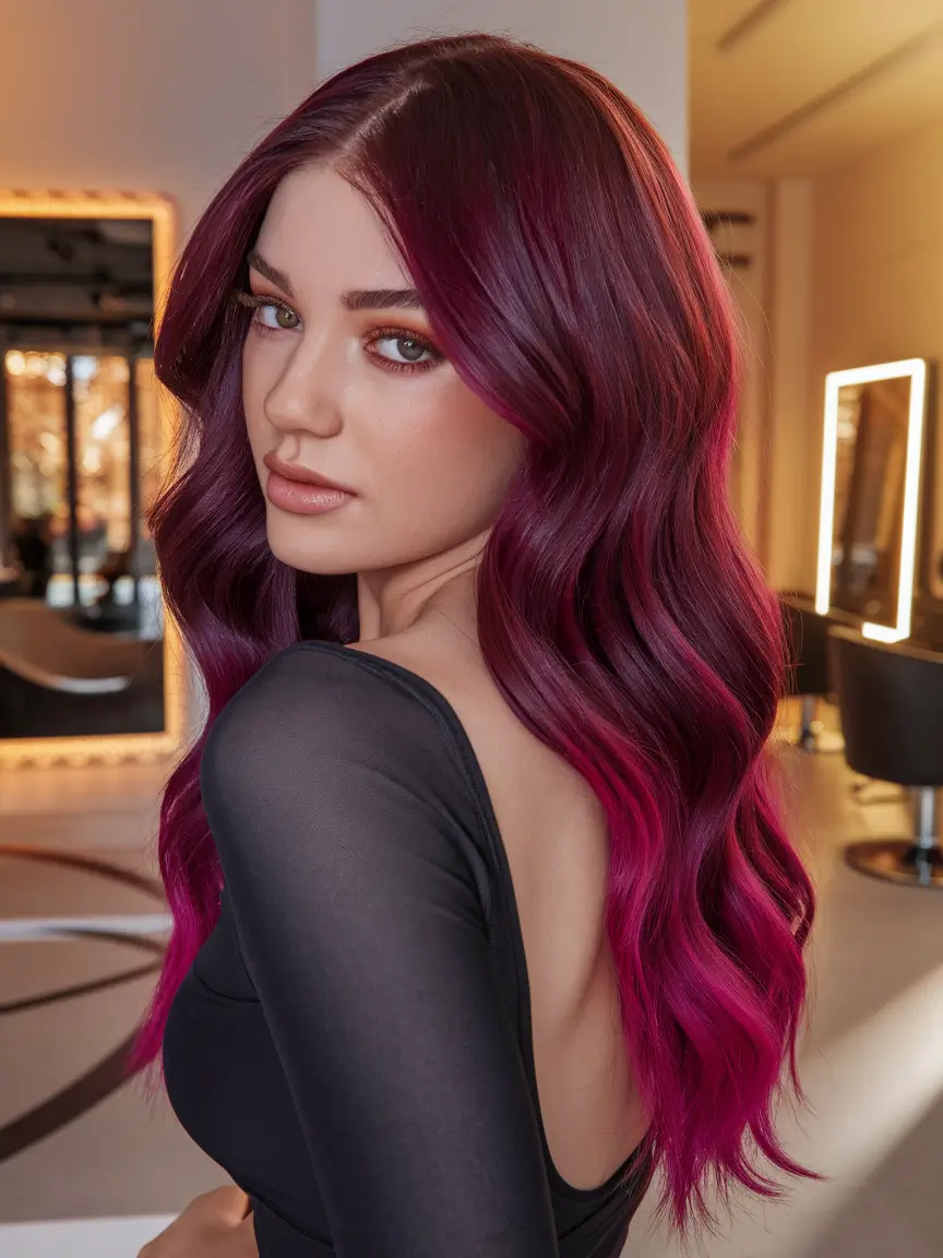 fall red hair color berry melt balayage with cool-girl waves
