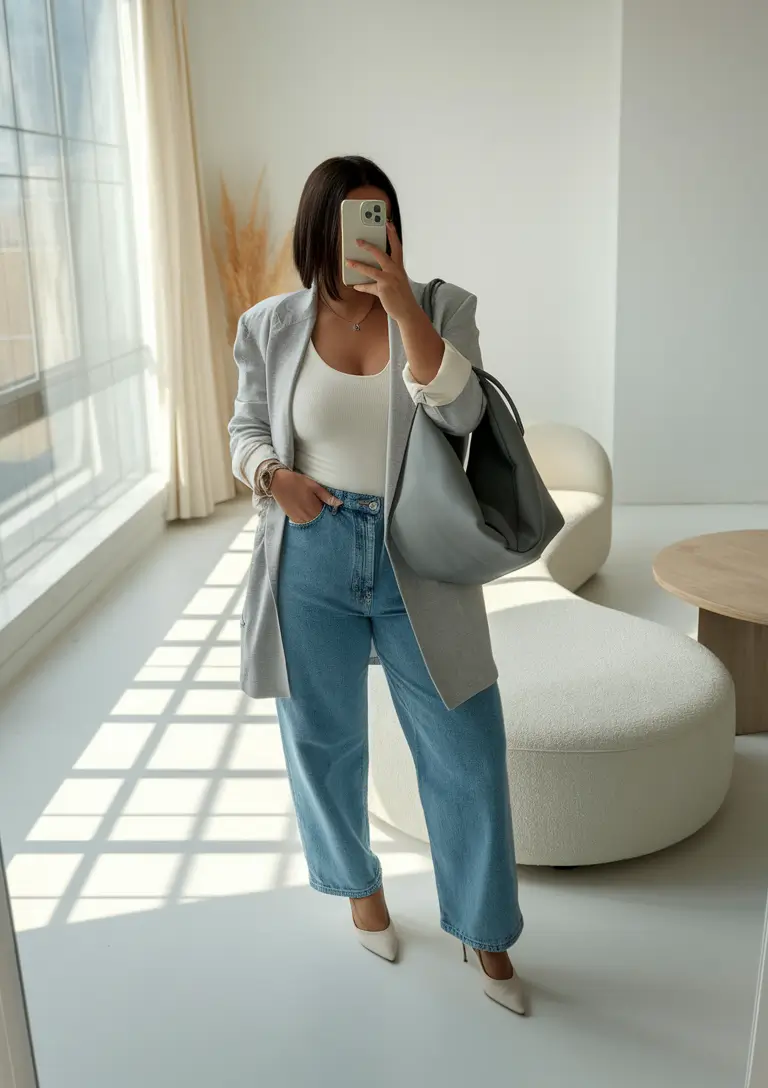 midsize fall outfits Slouchy Blazer & Denim Confidence
