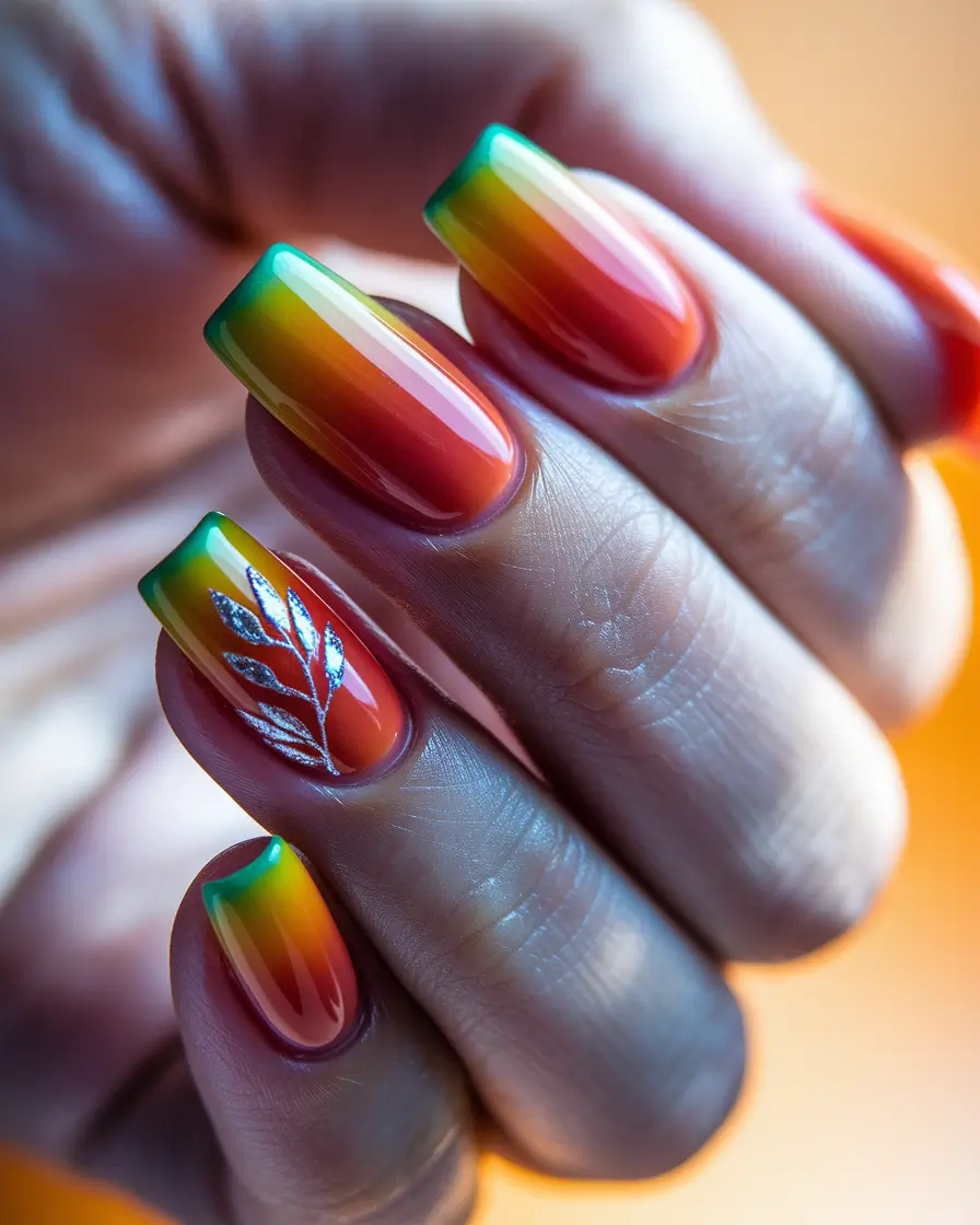 neutral fall nails 2025 Sunset Ombre with Silver Leaf