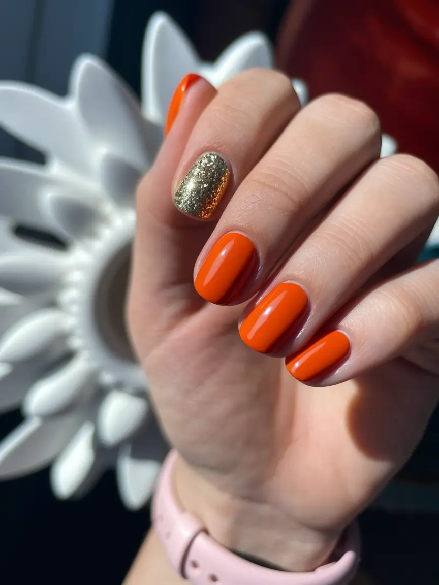 neutral fall nails 2025 Orange with Golden Spark