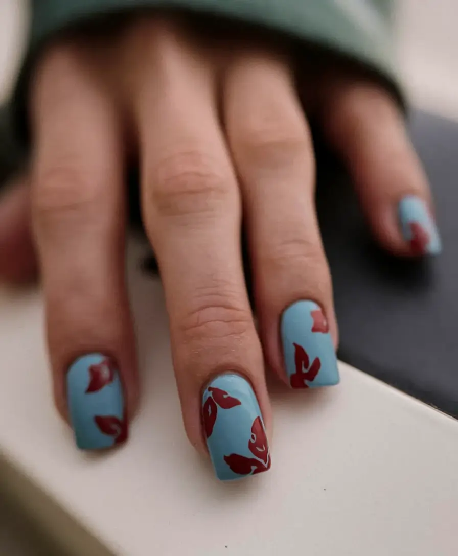 neutral fall nails 2025 Muted Blue with Abstract Burgundy