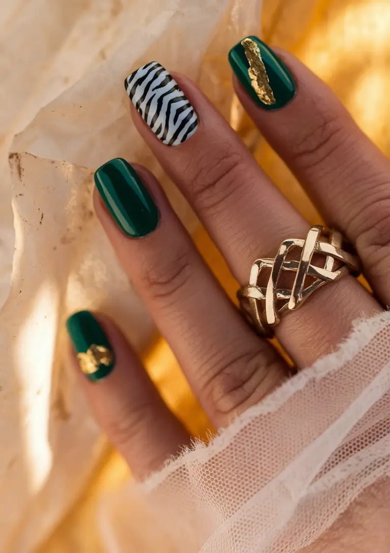 neutral fall nails 2025 Emerald Meets Zebra
