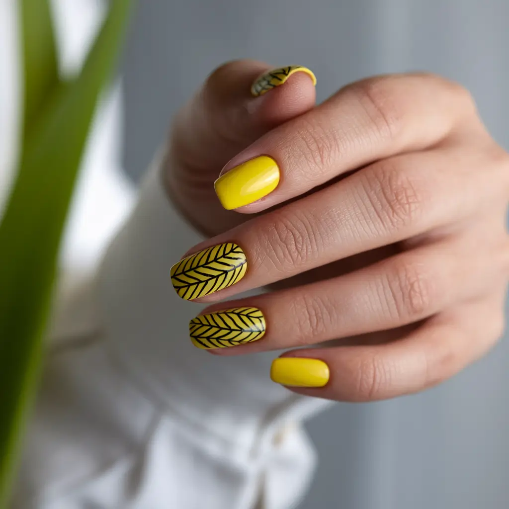 neutral fall nails 2025 Bold Yellow with Leafy Art