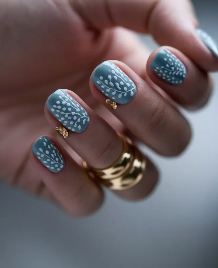 neutral fall nails 2025 Soft Blue with Whimsical White Accents
