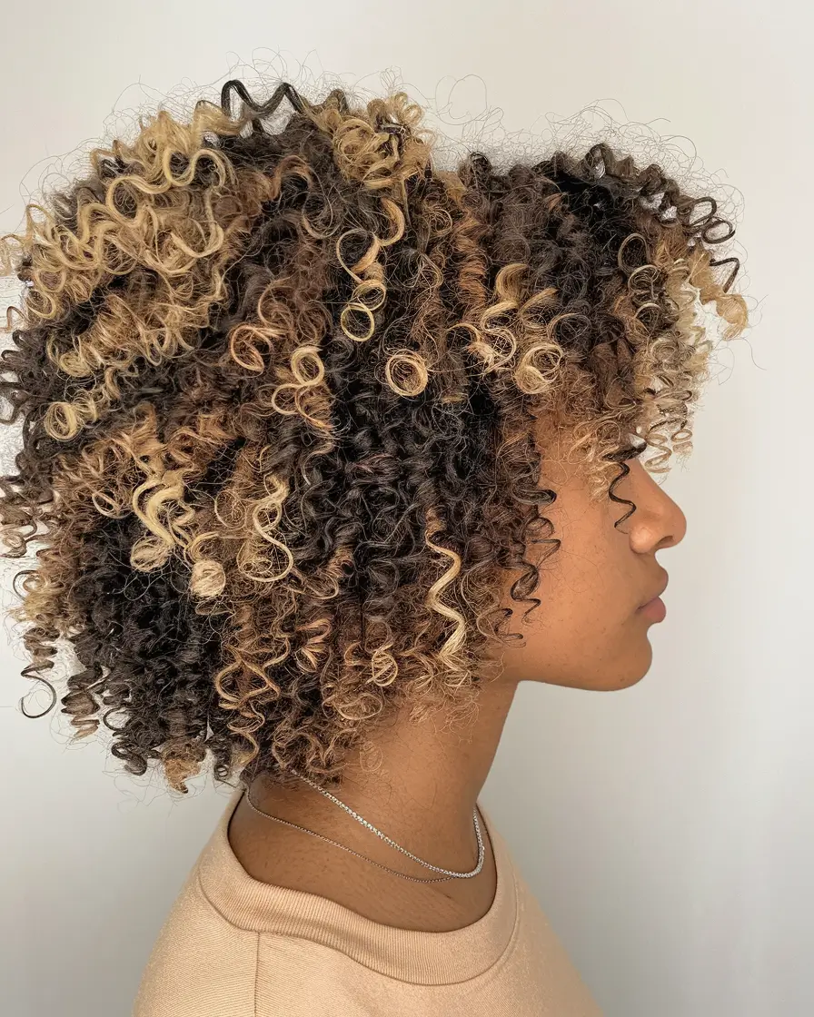 new haircut for women Curly Shaped Afro with Dimensional Highlights