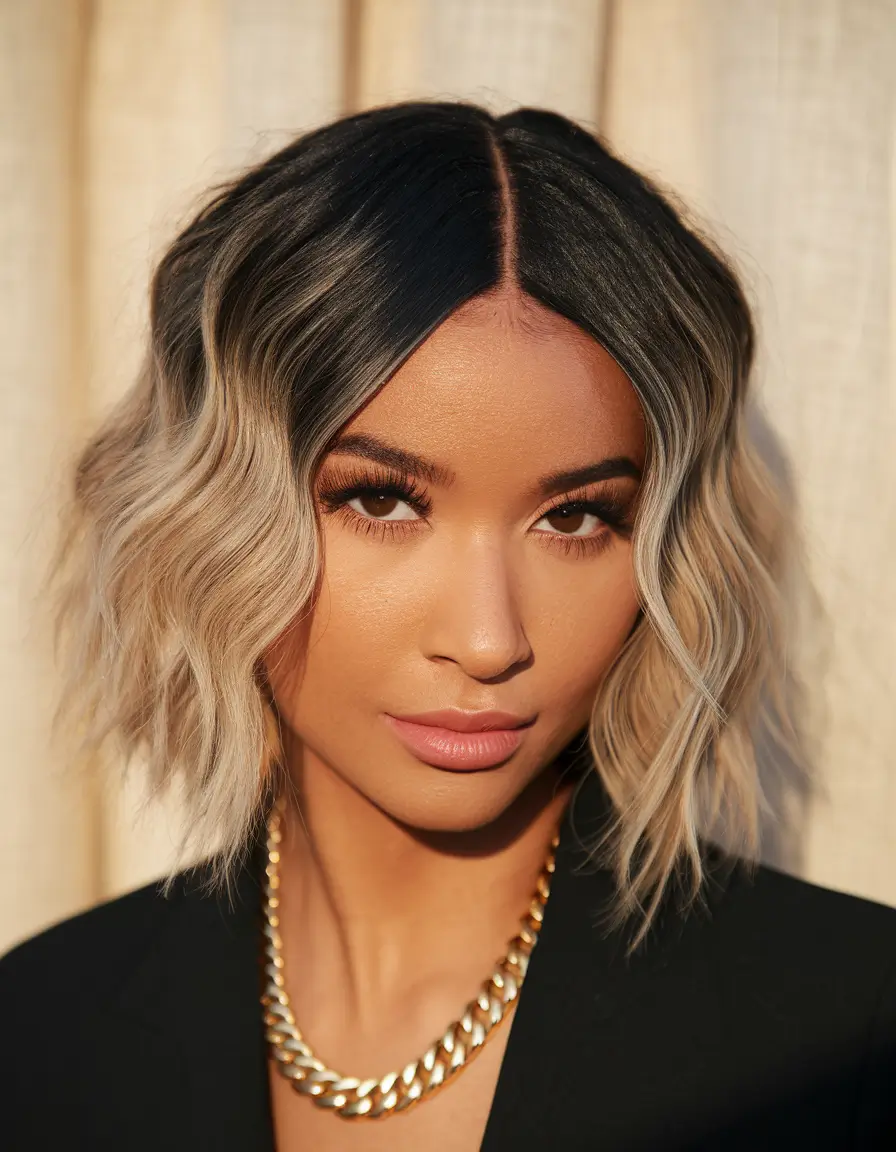 new haircut Wavy Blunt Bob with Platinum Balayage