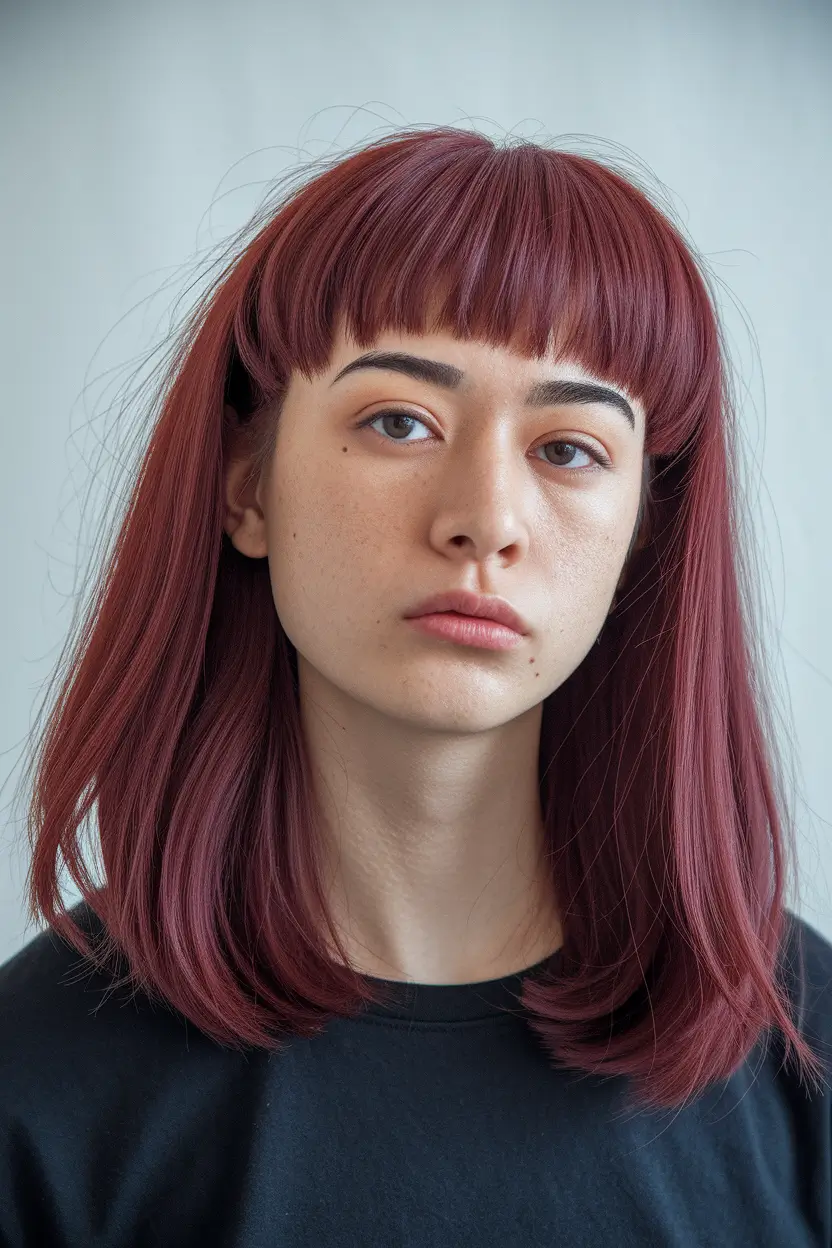 new haircuts September Dusty Plum Layers with Blunt Baby Bangs