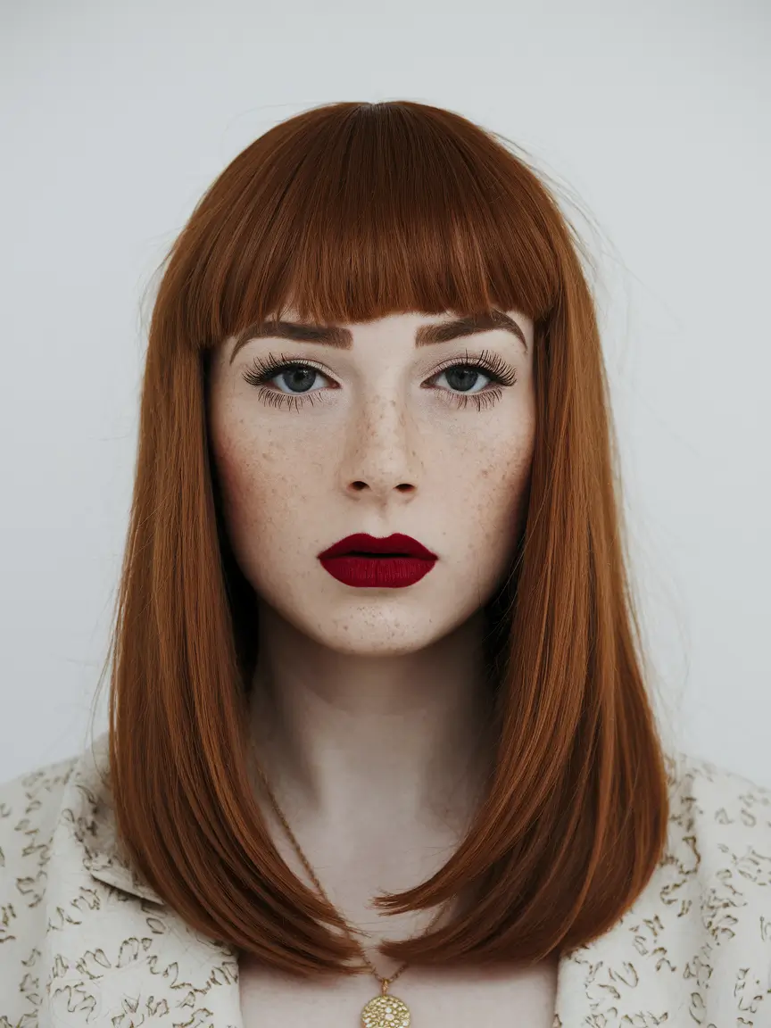 new haircut idea Sleek Cinnamon Cut with Rounded Bangs