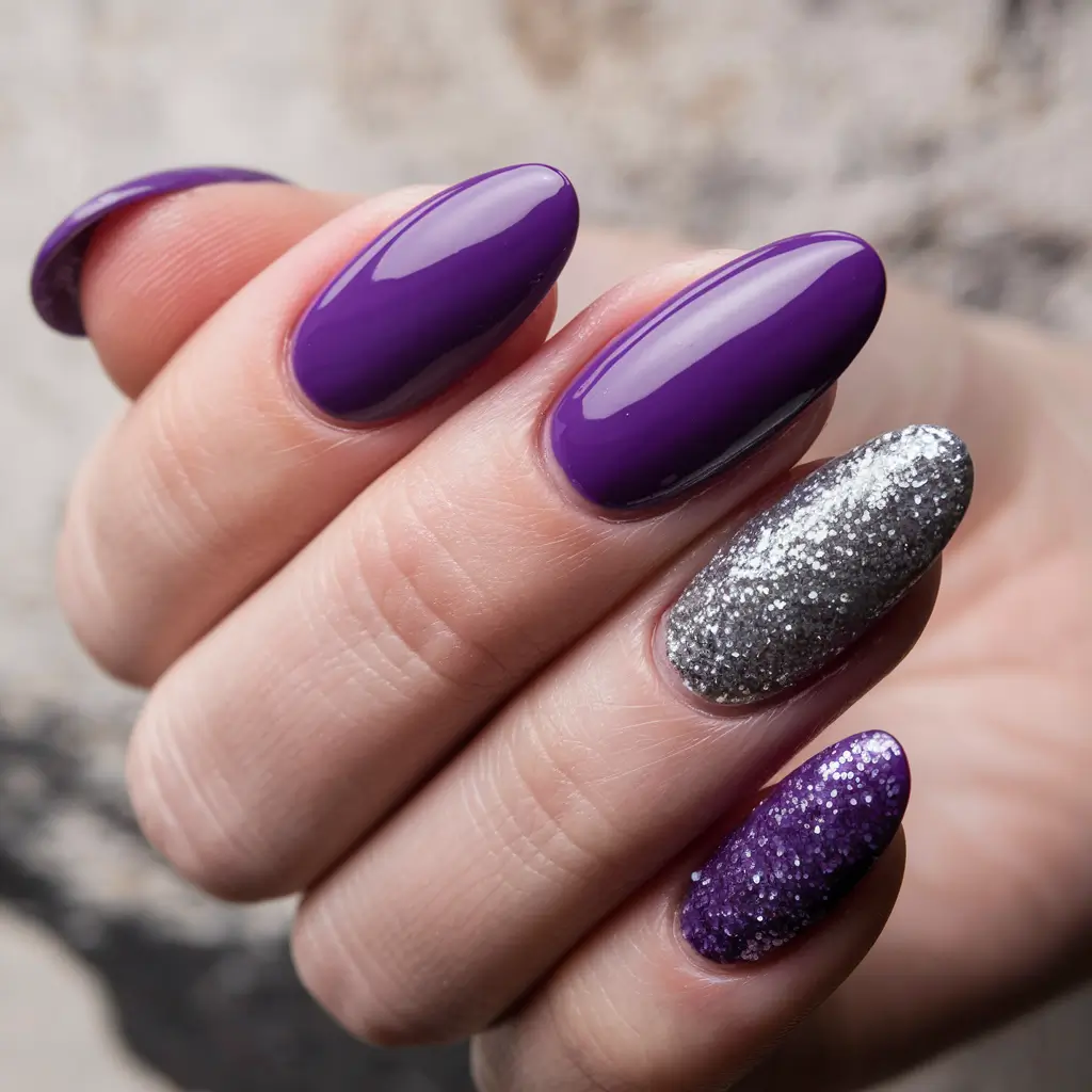 round fall nails 2025 Purple & Silver Drama