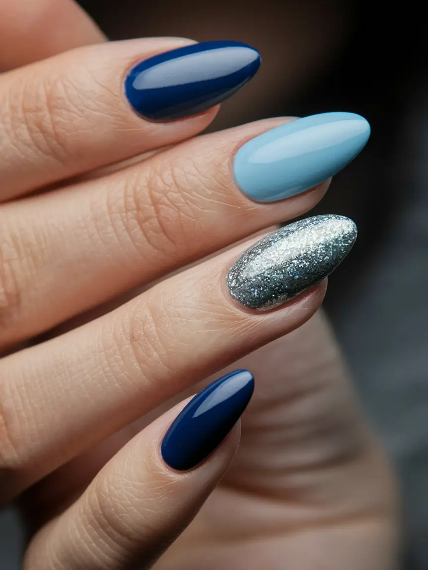 round fall nails 2025 Shades of Blue with Silver Accent