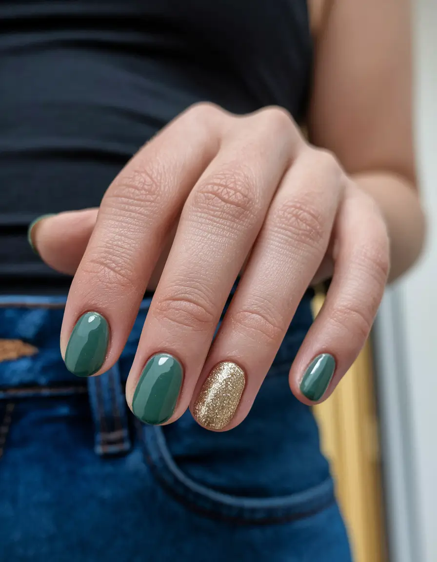 round fall nails 2025 Forest Green with Golden Spark