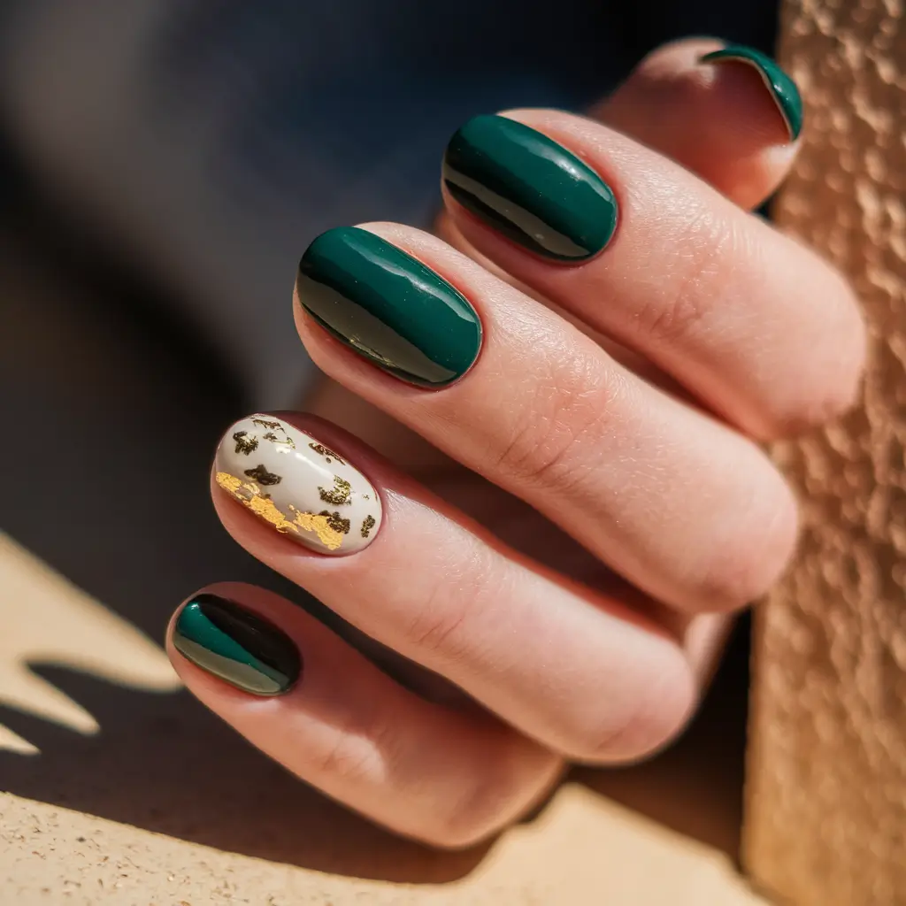 round fall nails 2025 Emerald Glam with Gold Foil