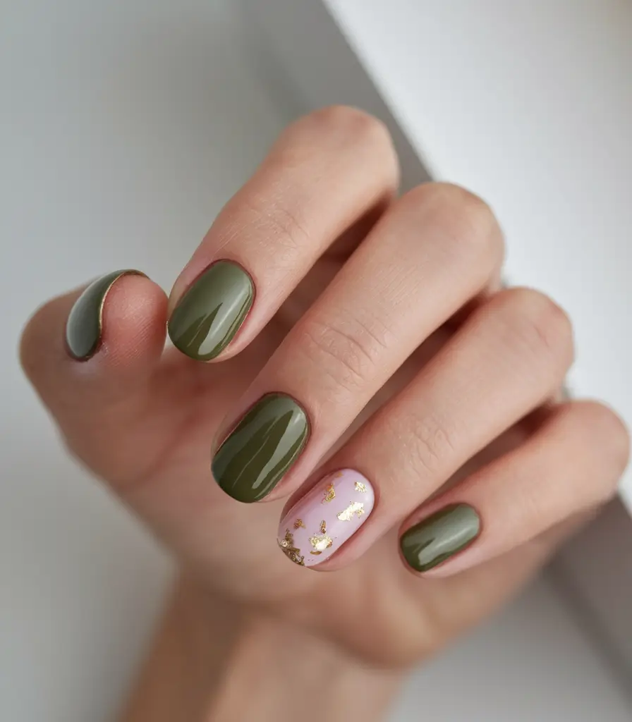 round fall nails 2025 Olive Charm with Golden Accent