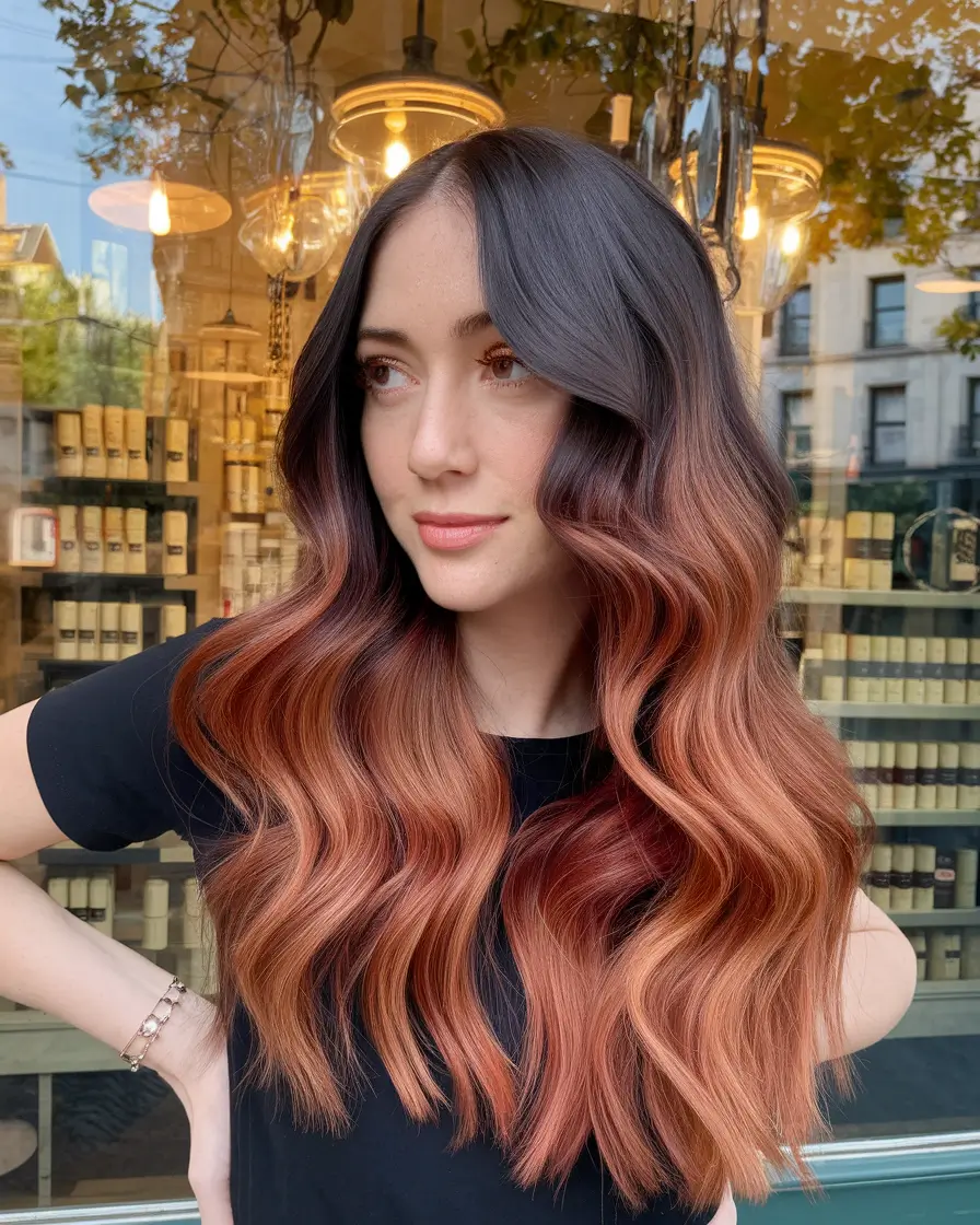 september hair color ideas brunette long Copper Roast Melt