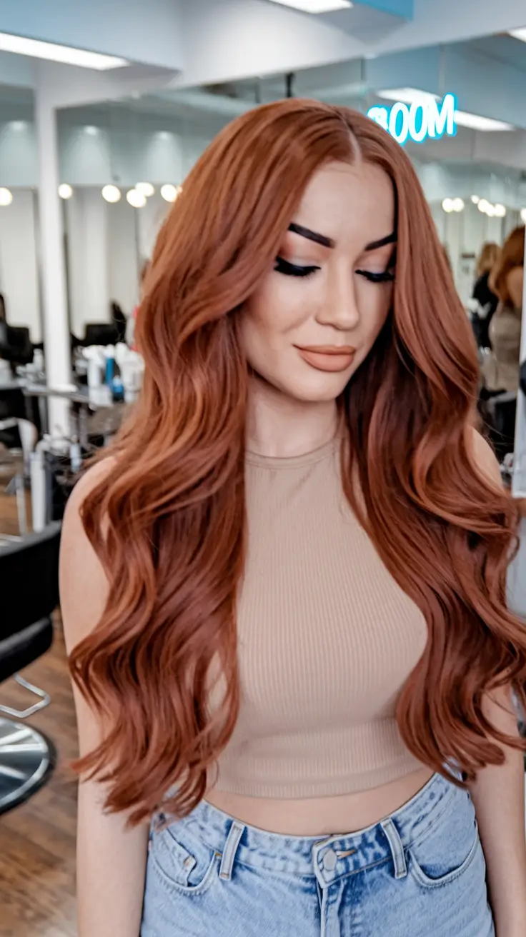 september hair color ideas brunette highlights Warm Auburn Red with Voluminous Curls