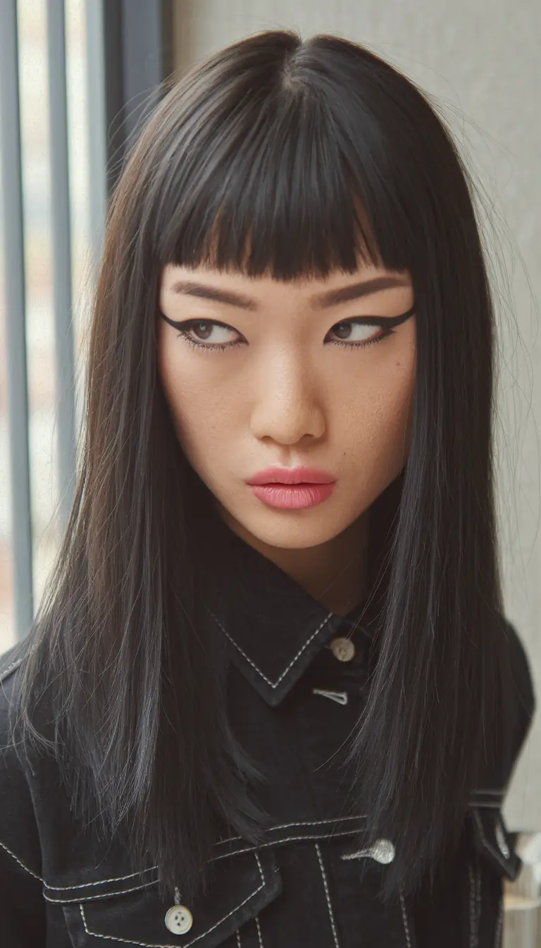 september hair color ideas Jet Black Straight with Blunt Bangs