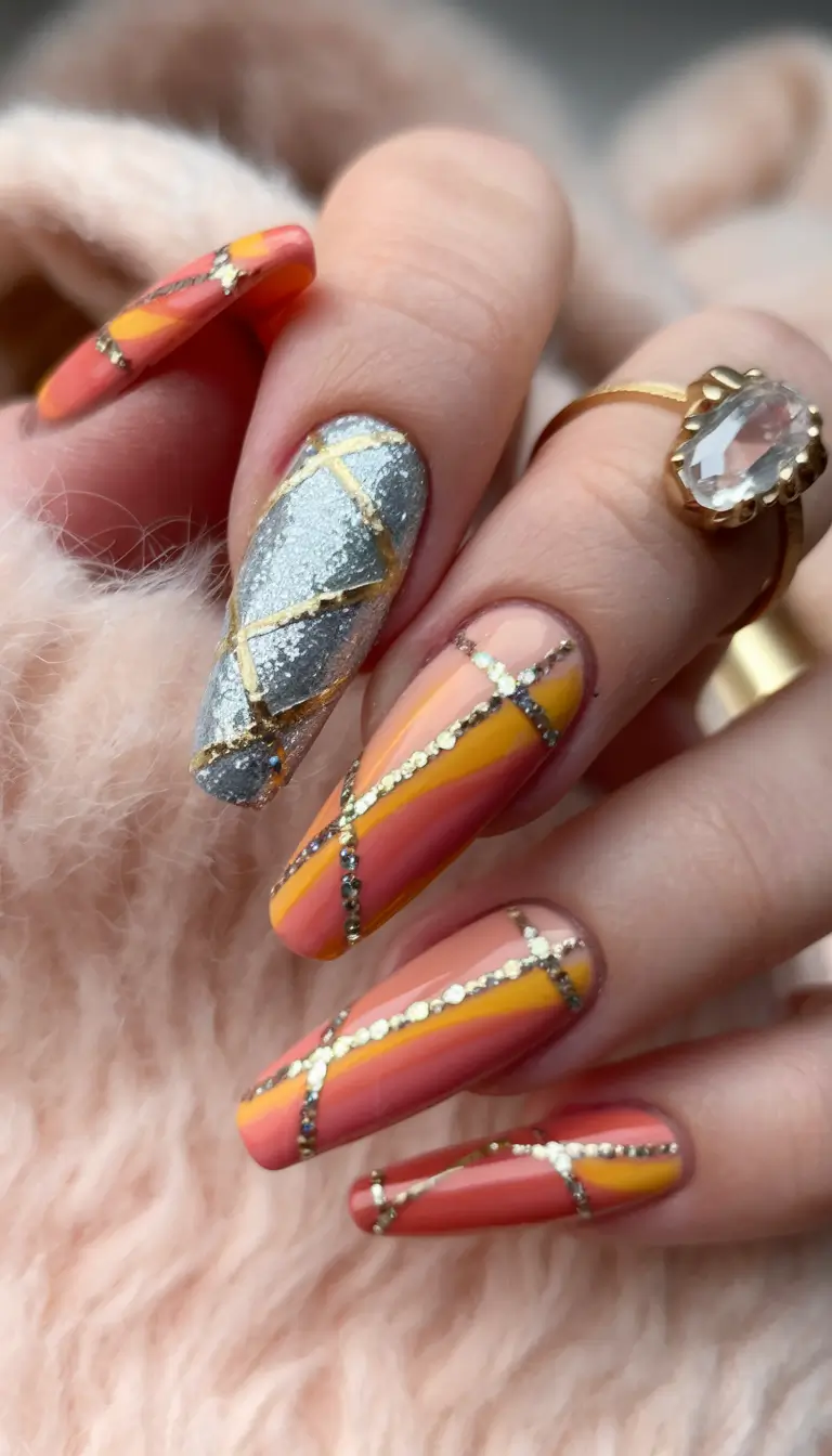 september nails designs short acrylic Sunset Grid Sparkle
