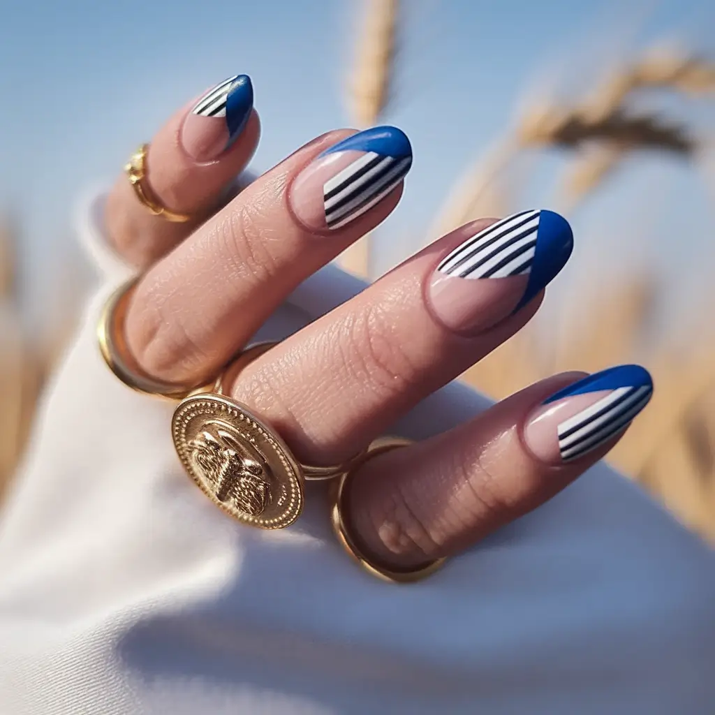 september nails designs almond Blue Stripe Remix