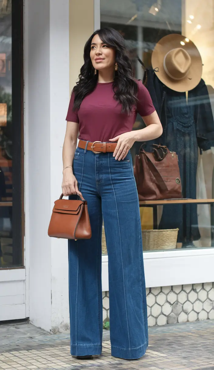 september outfits ideas Merlot Tee and Wide-Leg Magic
