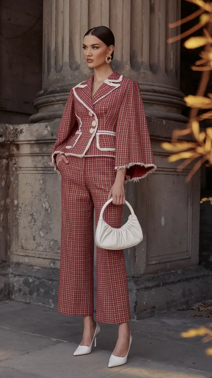september outfits ideas Plaid Suit Drama with Couture Twist