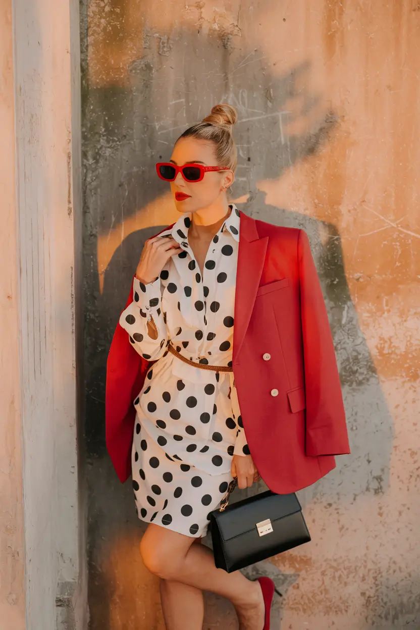 september outfits ideas Power Dots & Red Blazer Energy