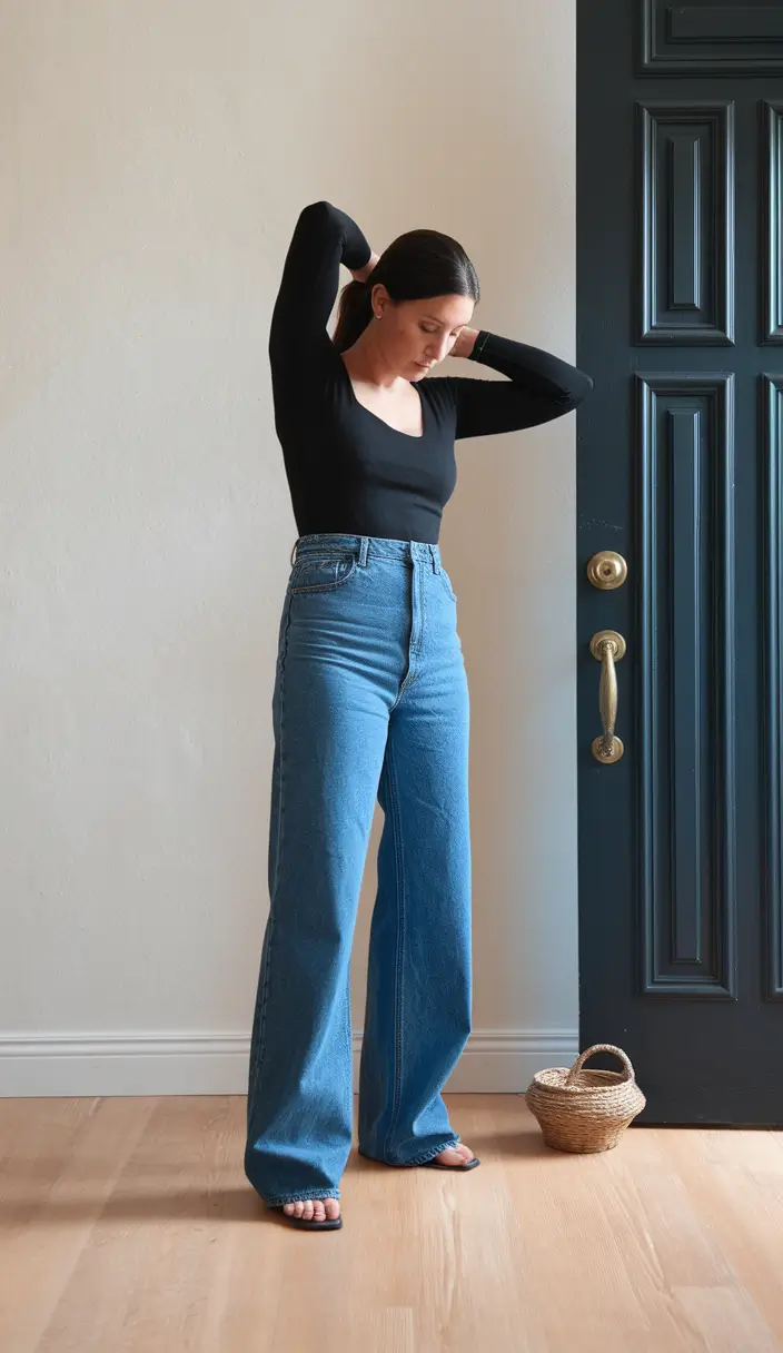 september outfits ideas Timeless Black Top & Wide-Leg Denim