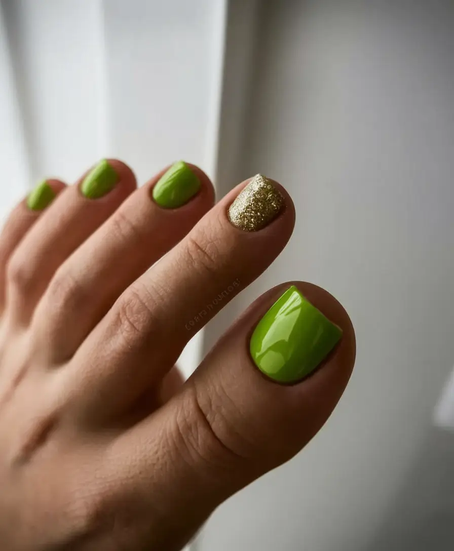 september toe nails color fall Fresh Lime and Fall Gold Sparkle