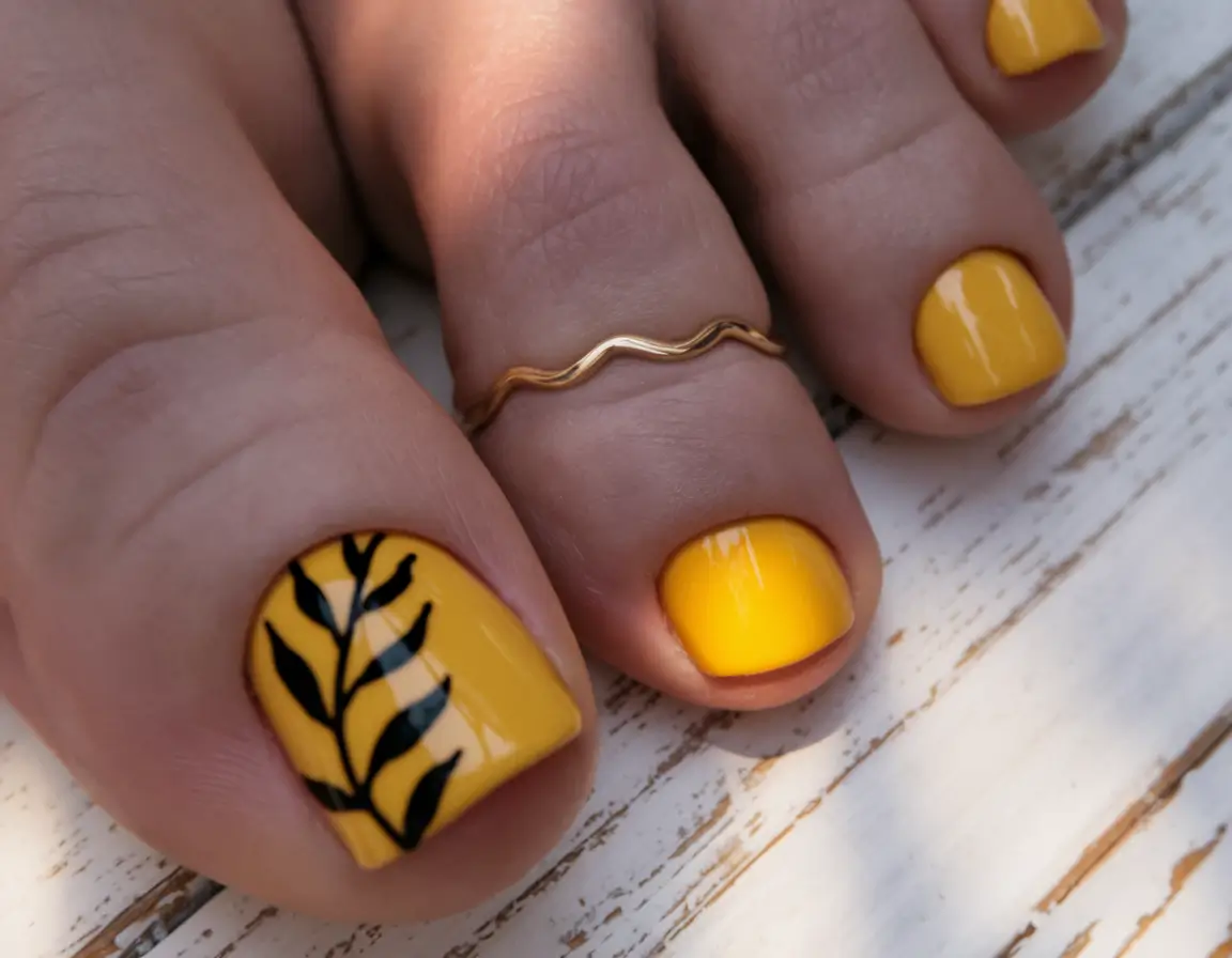 september toe nails designs Sunbeam Yellow with Graphic Vine