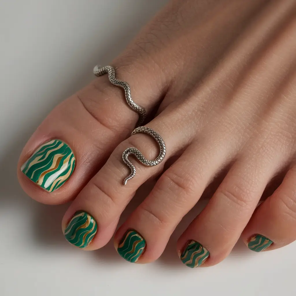 september toe nails color fall Forest Waves with Gold Ribbons