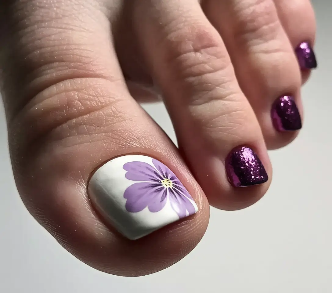 september toe nails Floral Art + Purple Sparkle Mix