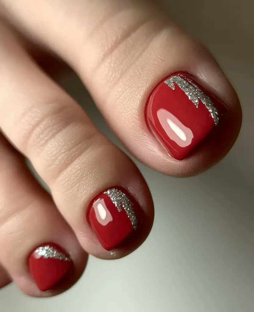 september toe nails designs Candy Apple Red with Silver Drizzle