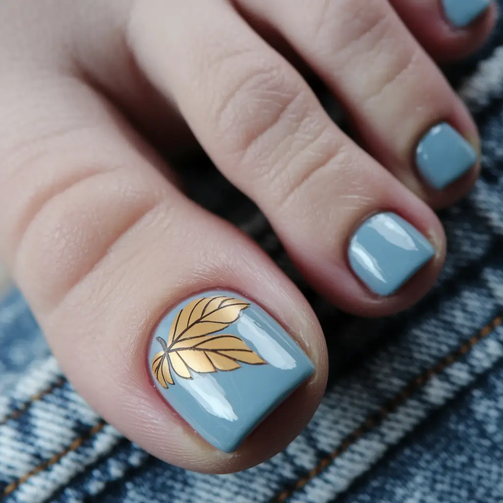 september toe nails ideas Soft Blue Matte with Golden Leaf Accent
