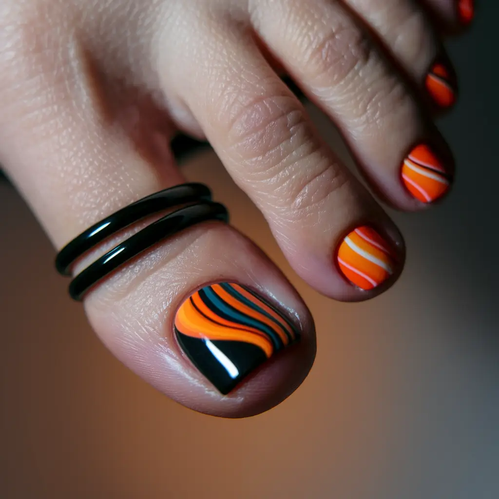 toe nails ideas for september Retro Swirl Vibes in Pumpkin and Ink