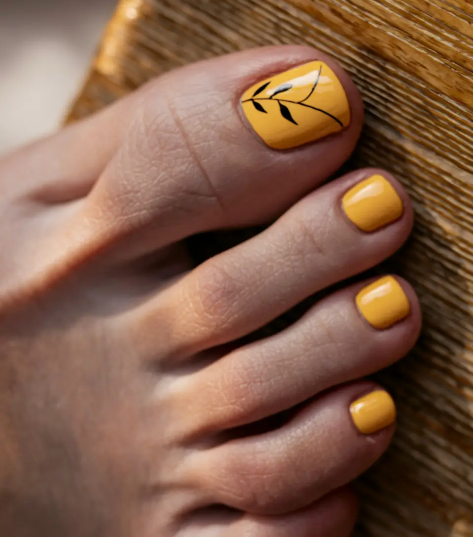 september toe nails color fall Golden Mustard with Abstract Leaf